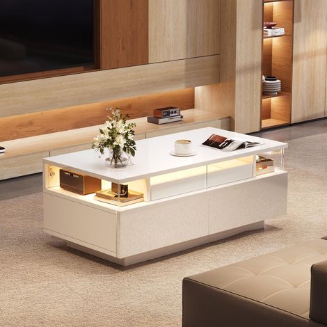 90 45 35.5 cm Couchtisch mit Tablett, Hochglanz-Couchtisch fürs Wohnzimmer, Sofatisch mit 2 Schubladen, tragender Beistelltisch aus gehärtetem Glas, kaffeetisch mit LED-Licht,Weiß (1/5)