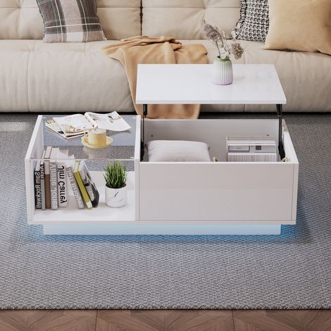 Table basse lumineuse réglable 50x100 cm, hauteur ajustable 33-46,5 cm, rangement secret et étagère, design brillant pour salon