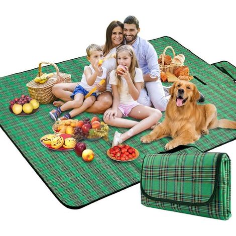 Couverture de pique-nique à carreaux, imperméable, pour jardin et camping, avec poignée, lavable en machine, multifonctionnelle, 150 x 200 cm (verte) (1/5)