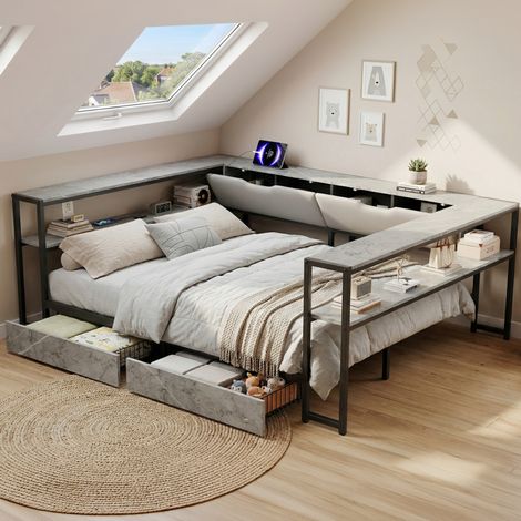 Lit avec tiroirs 140x200 cm, 2 tiroirs, tête de lit avec ports USB et Type-C, en lin gris, sans matelas (1/5)