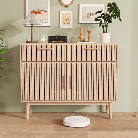 Buffet Niedrig mit 2 Schubladen 2 Türen, 100x35x80 cm, Moderner Stil, Buffet für Wohnzimmer, Esszimmer, Küchenschrank, Holzfarbe