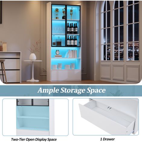 Vitrine 8034180 cm, placard haut avec 1 tiroir et portes vitrées, vitrine haute avec LED et compartiment ouvert, étagère vitrine, armoire de salon avec portes vitrées, blanc (1/5)