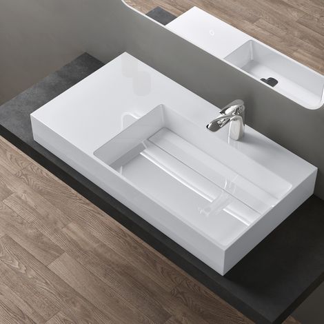 doporro® Lavabo de diseño 90x48x13cm desagüe oculto Colossum12-derecho en blanco de mármol fundido apto como lavabo sobre encimera y lavabo suspendido