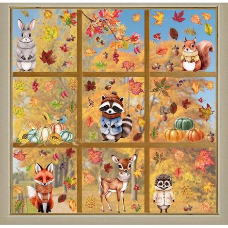 Sticker Automne Fenêtre Écureuil, Sticker Fenêtre pour Automne Amovible Statique Réutilisable,Double Face,Décoration Vitrine (1/5)
