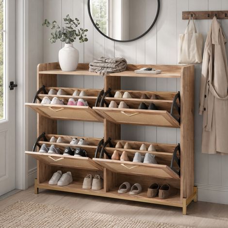 Zapatero 108,5x24x100 cm de MDF color madera, 4 puertas con almacenaje para recibidor FloraGrace (1/5)