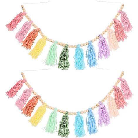 Guirlande de 2 pompons pastel bohème avec perles de bois, décoration murale arc-en-ciel colorée pour chambre d'enfant, chambre à coucher, fête de naissance, décoration intérieure (1/5)