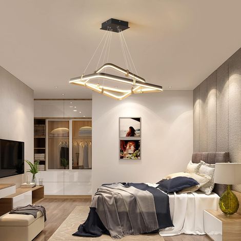 Modern Black Chandelier Dining Room Light Fixture,90W dimmable LED Modern Pendant Light,2-Ring Rectangular Chandelier Pendant lamp for Kitchen Island Living Room Hallway,Φ = 23.6'' + 15.7'' (1/5)