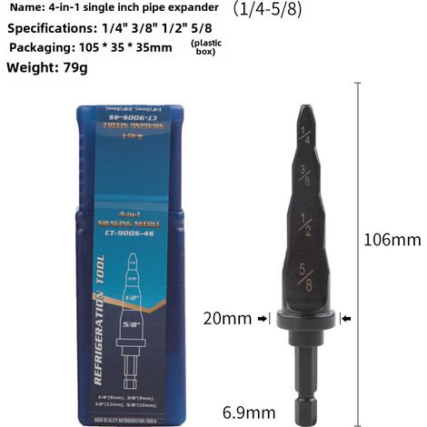 Élargisseur de tuyaux en cuivre 4 en 1 – pouces – poignée hexagonale, compatible perceuse, métrique/britannique, transfrontalier (1/5)
