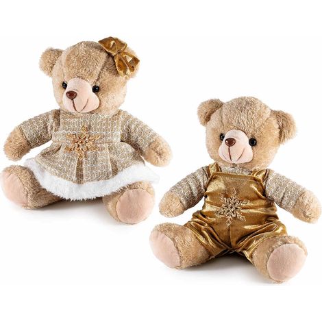 Orsetti natalizi in morbido peluche con abito in lamé e fiocco neve, set da 2 pezzi, cm 20 x 15 x 22 H (seduto)