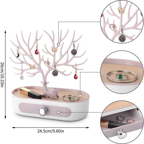 Arbre Porte Bijoux avec Tiroirs, Support Présentoir à Bijoux pour Boucles D'oreilles, Colliers, Bracelets et Bagues, Plastiques, Poignée Plaquée Argent (1/4)