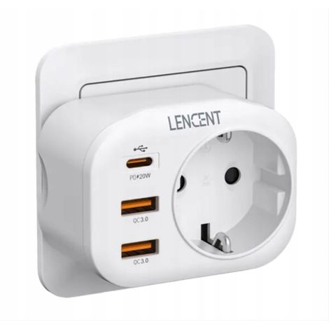 Enchufe cargador 4 en 1 LENCENT, 2 puertos USB-A, 1 puerto USB-C PD, enchufe UE/PL (1/5)