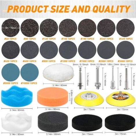 174PCS Papier Abrasif 75MM Grain 60 80 120 150 180 240 320 400 600 800 1000 1500 2000 3000 5000 10000 Disque de Poncage Carrosserie Kit Renovation Phare (1/5)