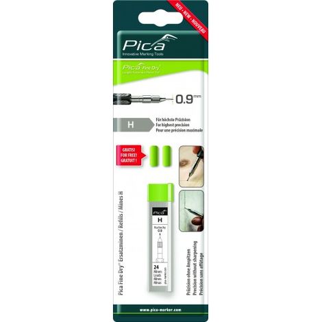 Estuche de minas de grafito PICA 0,9 mm H Fine Dry - 24 unidades en blister