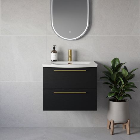 Napoli 390 Nero Oak 600mm Wall Mounted 2 Drawer Vanity Unit with Arc Basin - 600mm - Brushed Brass 320mm Handle