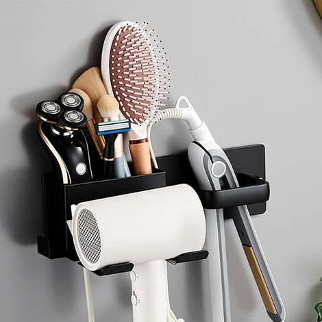 Support Seche Cheveux sans Percage, Porte Seche Cheveux et Lisseur, Porte-sèche-Cheveux Mural, Support de Câble avec Trous de Fixation,Organisateur de Salle de Bain pour Hôtel
