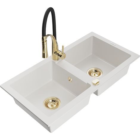 Mexen Mario fregadero de granito de 2 compartimentos con grifo de cocina Aster, blanco - 6504-20-73450-57-G (1/5)