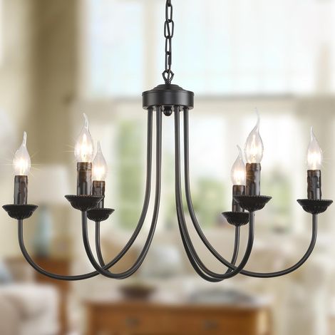 1 Lustre 6 Lumières, Métal Noir, Style Rustique, Pour Salon Escalier (1/5)