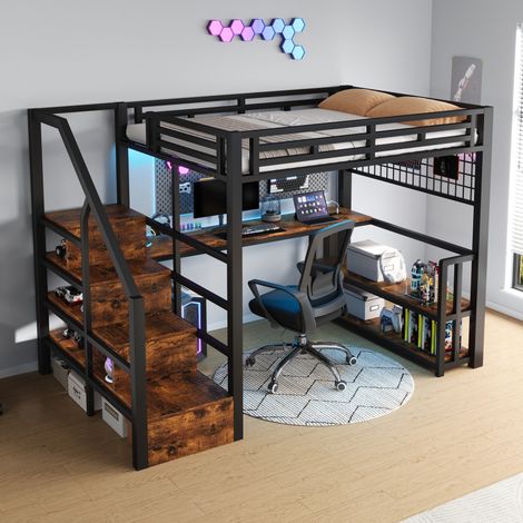 Letto soppalco 140x200 cm in metallo nero con contenitori, senza materasso (1/5)