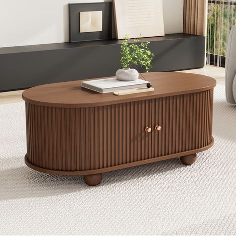 Tavolino da caffè 100x50x40 cm noce in MDF con ante scorrevoli 360° e vano contenitore (1/5)