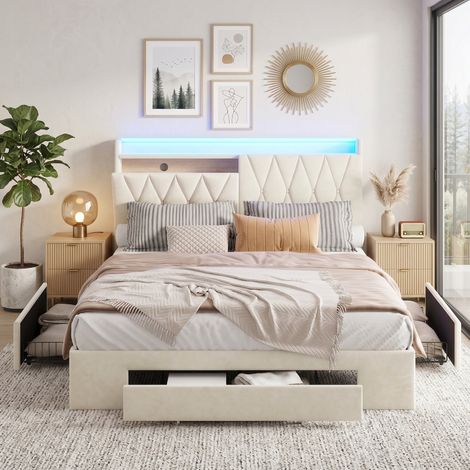 Superaly Lit Double capitonné 140x190 cm, avec 4 Tiroirs, Tête de Lit Rembourrée avec Rangement, éclairage LED, double Ports USB et Type-C avec 2 Prises Euro, Sommier à Lattes, Velours Beige (1/5)