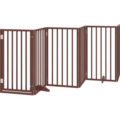 Barrière de sécurité pour chien animaux de compagnies avec porte 6 panneaux bois de peuplier marron