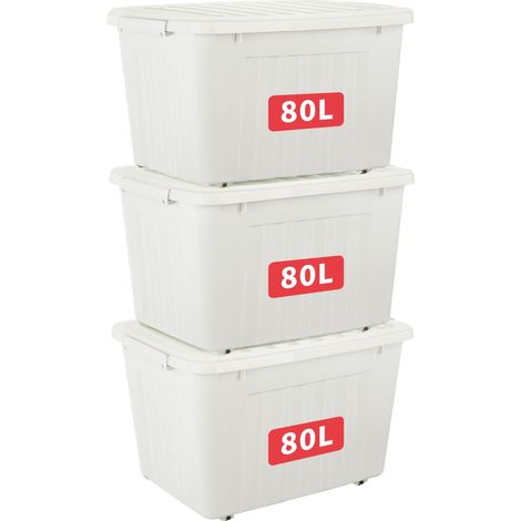 80L3 Boîtes de Rangement avec Couvercles, Boîte de Rangement en Plastique avec Clips et Roulettes, Empilables, Encastrables, pour Placard de Bureau à Domicile, Blanc, 80L, Lot de 3 (1/5)