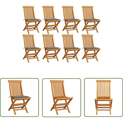 The Living Store Chaises de jardin et coussins gris lot de 8 Bois de teck massif - Chaise De Jardin Pliable - Chaise De Jardin En Bois - Mobilier De Jardin - Chaise De Jardin Teck - Fauteuil De Jardin (1/5)