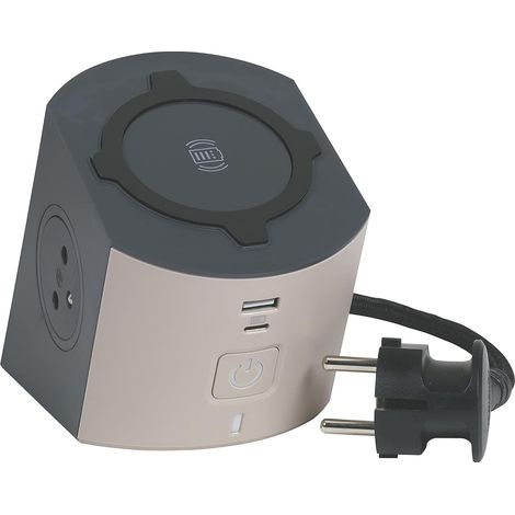 Bloc Multiprise/Station de Charge - 2 Prises Surface avec Terre + 1 Chargeur à Induction Qi+ 1 Prise USB-C + 1 Prise USB-A - Avec Cordon 2m - Taupe et Gris Foncé (1/4)