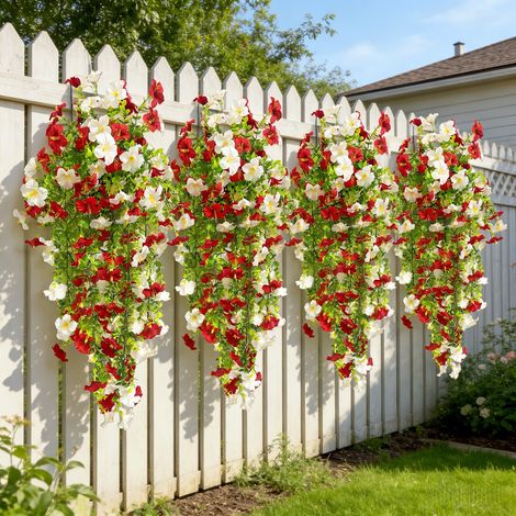 Set de 4 flores artificiales de exterior – Petunias colgantes resistentes a los rayos UV para jardín, balcón y terraza (Blanco + Rojo)