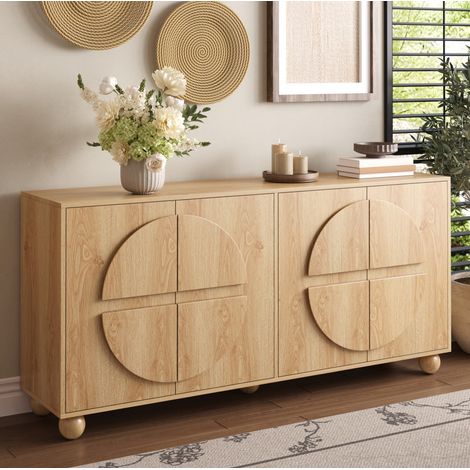 CHICFURN Credenza 160x38x76 cm naturale, 4 ante, rilievo circolare, per ingresso e soggiorno (1/5)
