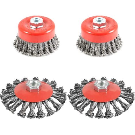 4pcs Brosse Métallique Nettoyage, Brosse Conique pour Meuleuse d'angle, Brosse de Ponçage en acier Torsadé, Diamètre de 75 mm et 100 mm, M14