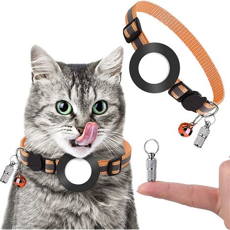 ZOLGINAH Cat Airtag Collar, Collar reflectante para gatos con campana, Etiqueta de identificación de etiqueta de nombre, Soporte impermeable, Hebilla de seguridad, Ajustable 18-27cm-Orange (1/5)