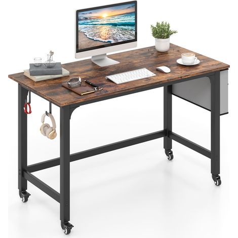COSTWAY Mobile Computer Desk 120cm Home Office Desk w/ Storage Bag-Brown (1/5)