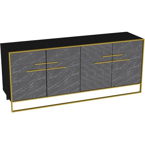Buffet en bois noir effet marbre et métal doré 4 portes Bali 180cm (1/5)