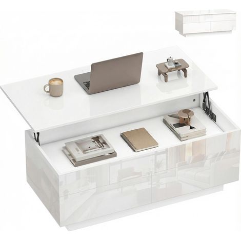 Table basse réglable en hauteur, table de salon moderne avec rangement dissimulé et 2 tiroirs, blanc brillant