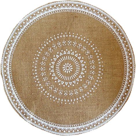 Mantel individual redondo de yute tejido con flecos de 38 cm, estampado natural, antideslizante, resistente al calor, para mesa de cocina, cojín ecológico. (1/5)