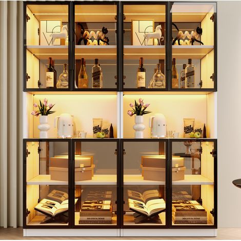 Set di 2 vetrine 140x30x170 cm in MDF e vetro, bianco con LED e contenitore (1/5)