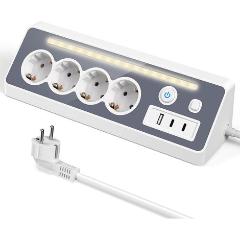 Multiprise avec USB et 2 Types C - Multiprise d'angle à 4 Prises avec Lumière LED- Protection Contre Les Surtensions - 3680W/16 A Multiprises avec Interrupteur -Prise Plan De Travail Cuisine, Bureau (1/5)