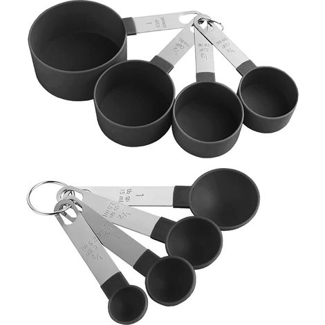 8 cuillères à mesurer (Noir), jeu de cuillères à mesurer, tasse à mesurer, acier inoxydable et plastique pour la cuisson des ingrédients liquides et solides (1/5)