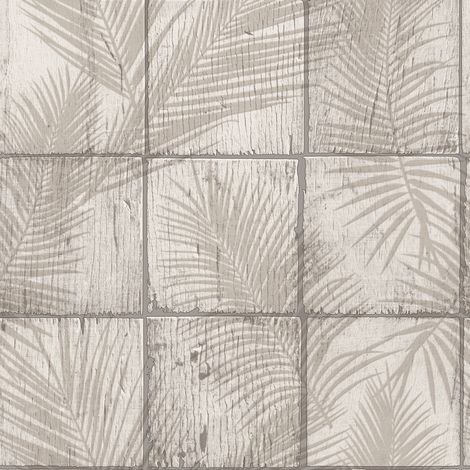 Papier peint carreaux bois flotté ombres palmiers