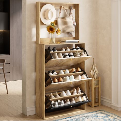 Mobile porta scarpe con ganci, 3 scomparti ribaltabili, 75 x 24 x 180 cm, nero e naturale HAVRYA (1/5)