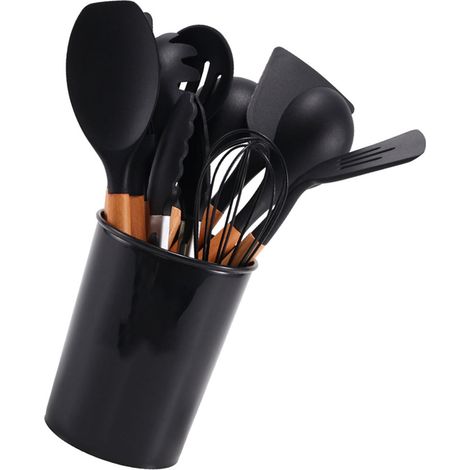 Lot de 11 ustensiles de cuisine en silicone, résistants à la chaleur, avec manche en bois et seau de rangement, noir, pour camping (1/5)