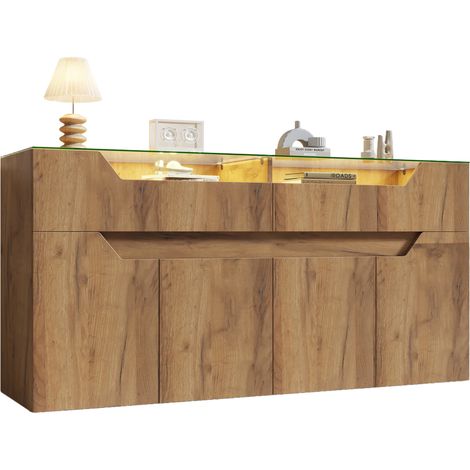 Buffet 140x40x70 cm avec plateau en verre trempé, 2 tiroirs et structure MDF, meuble de rangement moderne pour salle à manger et salon, bois clair  CHICFURN (1/5)