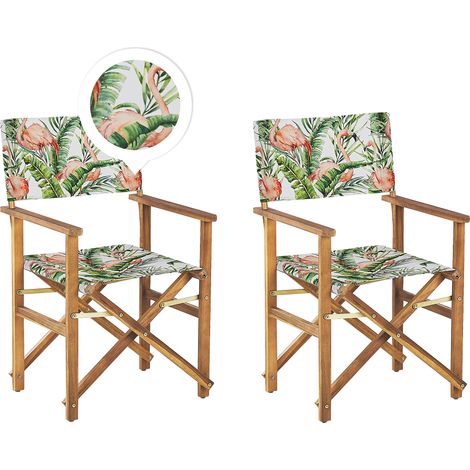 Conjunto de 2 sillas de jardín de madera de acacia clara blanco verde flamenco plegable Cine