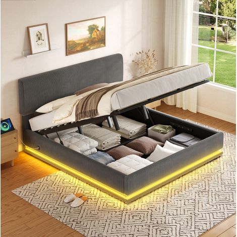 REDOM - Cama con almacenaje 180x200 con LED y USB C en pana gris oscuro (Sin colchón) (1/5)