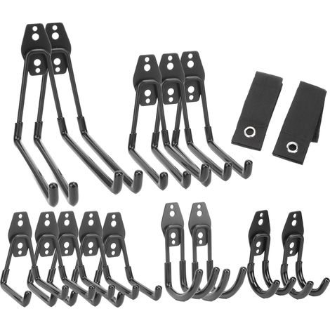 Set aus 16 verstärkten Garagenhaken aus Eisen mit Antirutschbeschichtung zum Aufhängen von Leitern und Gartengeräten. (1/5)