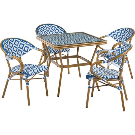Conjunto de comedor exterior 4 plazas mesa cuadrada y sillas de ratán sintético estructura de aluminio azul y blanco Caspri (1/5)