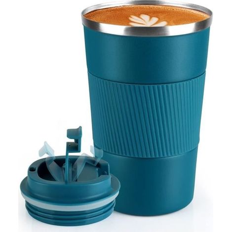 (Blauer) Isolierbecher – MARKE – 380 ml – Edelstahl – Auslaufsicher – Doppelwandig (1/4)