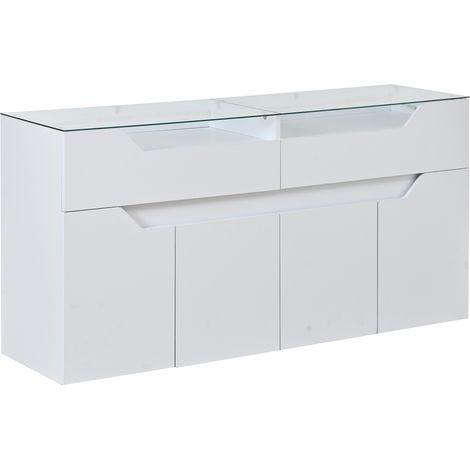Weiße Anrichte 140x40x70 cm aus MDF mit gehärteter Glasplatte und 2 Schubladen (1/5)