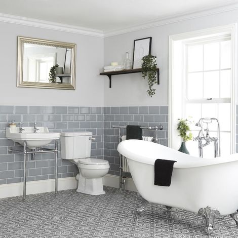 Milano Richmond White Double Ended Freestanding Slipper Bath Ceramic Close Coupled Toilet WC and Bathroom Basin Sink with Washstand - 3 Tap Hole Basin (1/5)